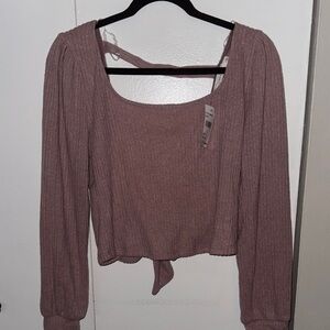 Lush Mauve Ribbed Long Sleeve Blouse